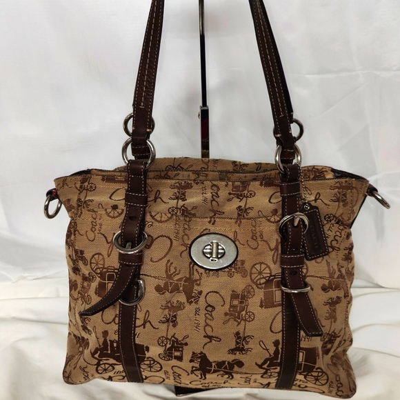 Coach Horse and Carriage Stagecoach Signature Purse cream and brown canvas - Picture 5 of 14
